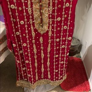 Red and orange heavily worked shalwar kameez